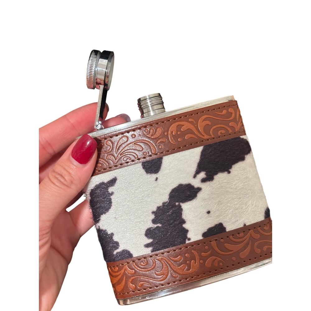 Cow Print 6 oz Stainless Steel Flask Gift Set in Wood Box with Cups & Funnel - Picture 7 of 8